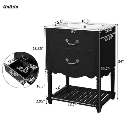 Wave Design Bathroom Vanity With Sink, 2 Drawers And Open Shelf