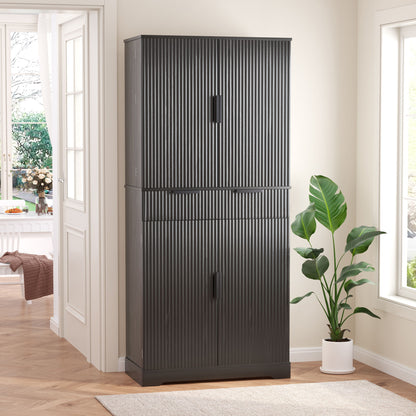 Fluted Kitchen Pantry Cabinet With 3 Keyboard Drawers & 6 Adjustable Door Shelves