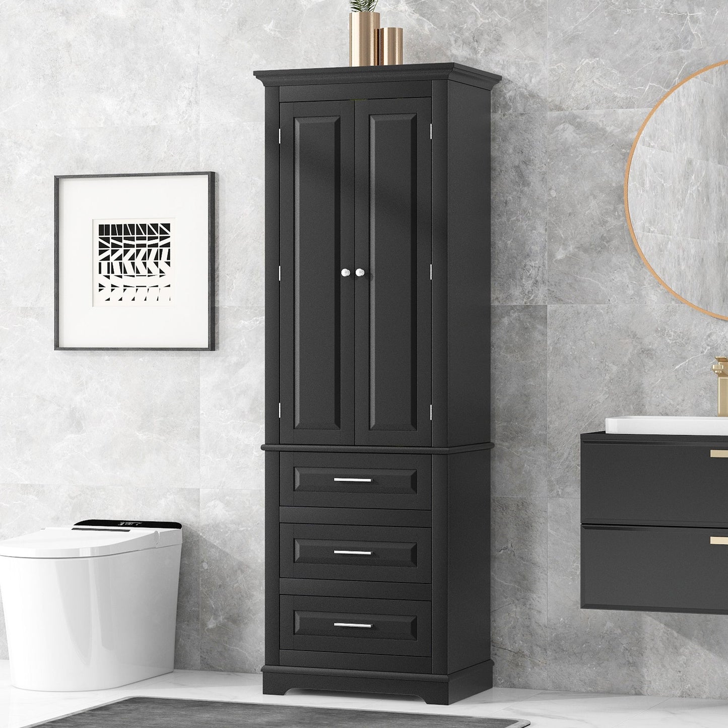 Tall Storage Cabinet With 3 Drawers For Bathroom