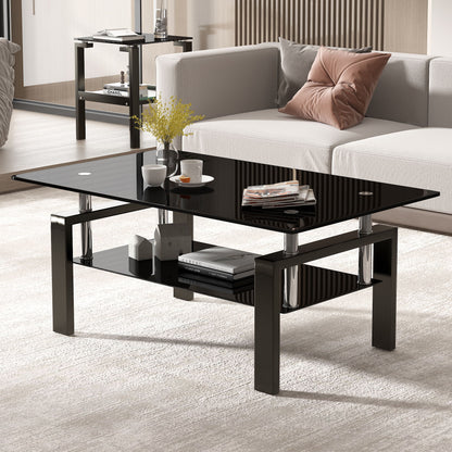 Tempered Glass Coffee Table, 2 Layer Storage Tea Table - Black