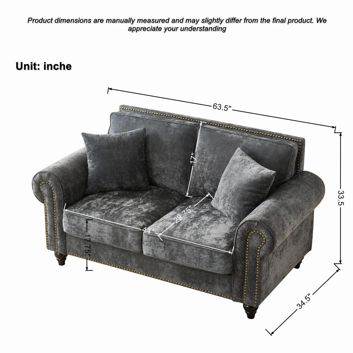 3 And 2 Seater Sofa With Rolled Arms, Tufted Upholstered Couch - Gray