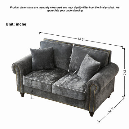 3 And 2 Seater Sofa With Rolled Arms, Tufted Upholstered Couch - Gray