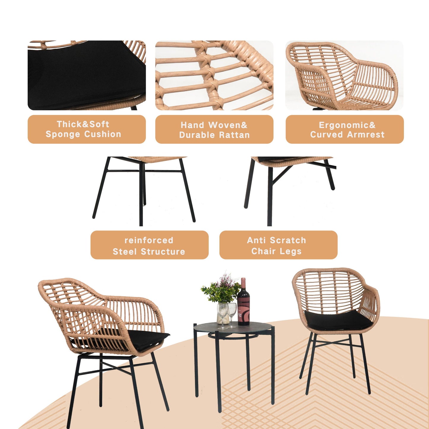 3 Pieces Of Luxury Outdoor Wicker Furniture, Patio Bistro Style Table And Chair Combination, Weather Resistant PE Wicker Weave, Suitable For Garden - Black / Natural