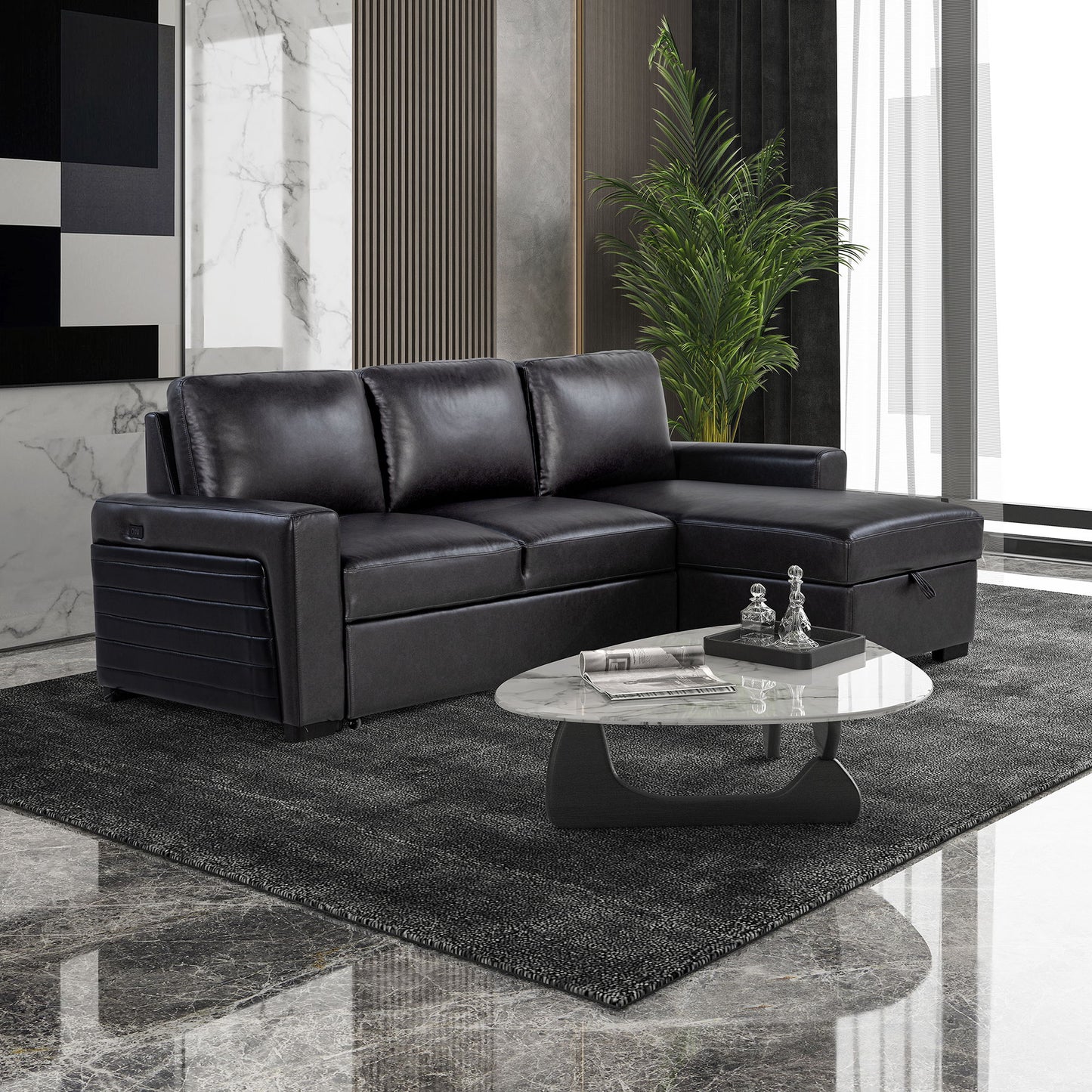 Montero - Sofa With Pull Out Bed, Drop Down Table, USB And Cup Holders, Storage Chaise - Charcoal Black
