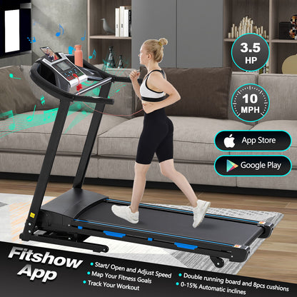 Treadmills For Home, Electric Treadmill With Automatic Incline, Foldable 3.5Hp Workout Running Machine Walking, Double Running Board Shock Absorption Pulse Sensor Bluetooth Speaker App Fitshow - Black