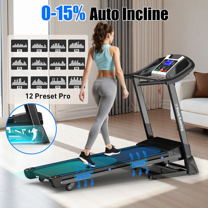Treadmills For Home, Electric Treadmill With Automatic Incline, Foldable 3.5Hp Workout Running Machine Walking, Double Running Board Shock Absorption Pulse Sensor Bluetooth Speaker App Fitshow - Black