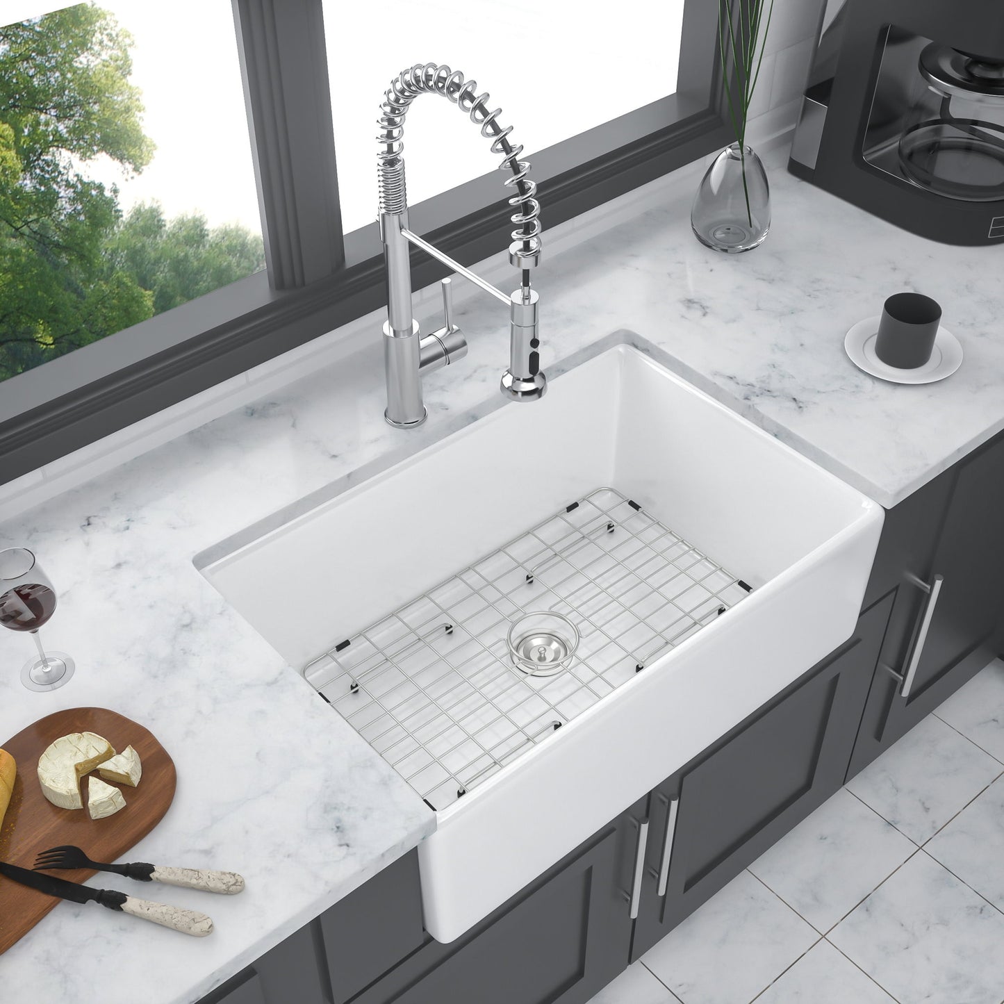 Sink 30" Apron Front Reversible Single Bowl Kitchen Sink With Grid, Strainer - White
