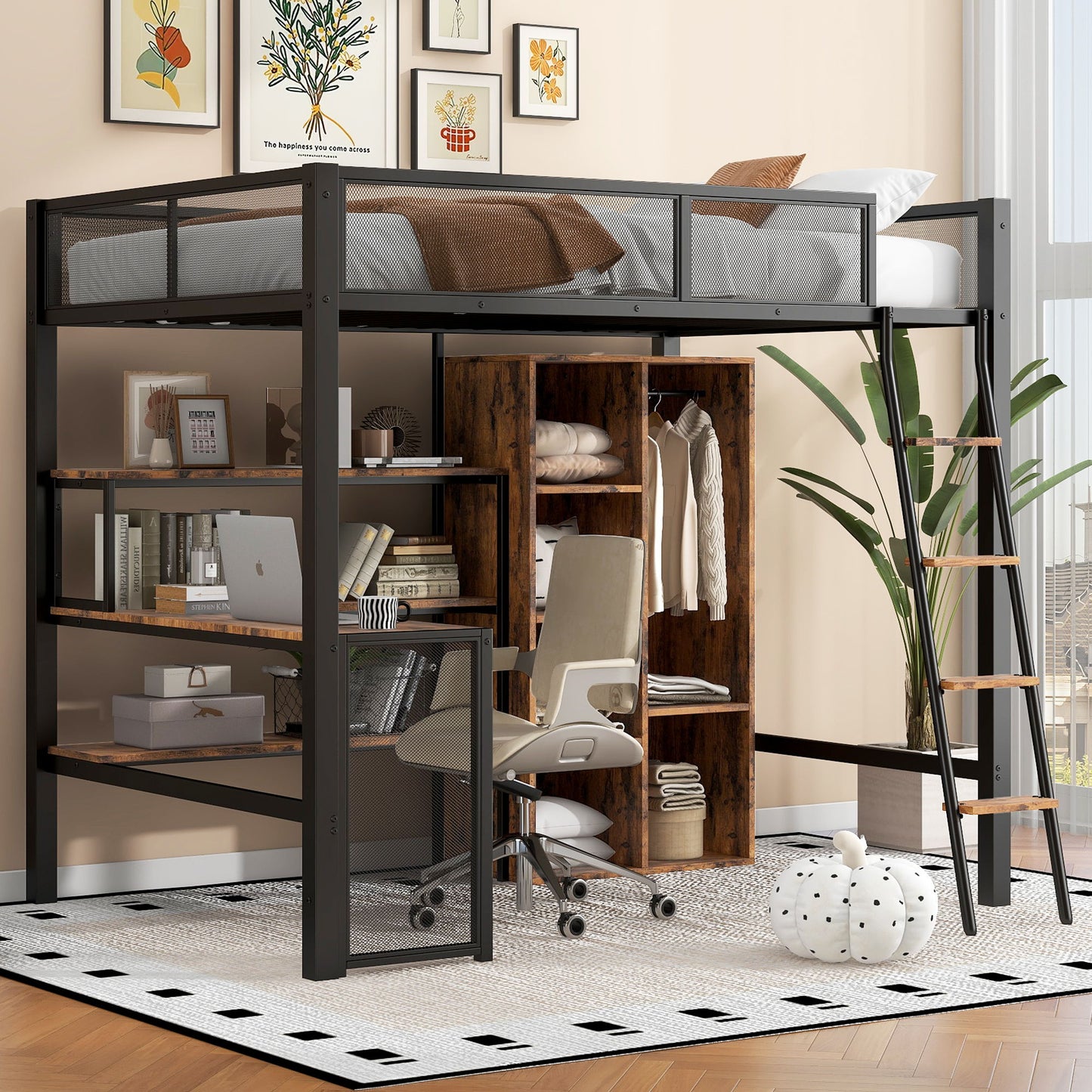 Full Size Loft Bed With Built In Desk, Wardrobe, And Shelves - Black