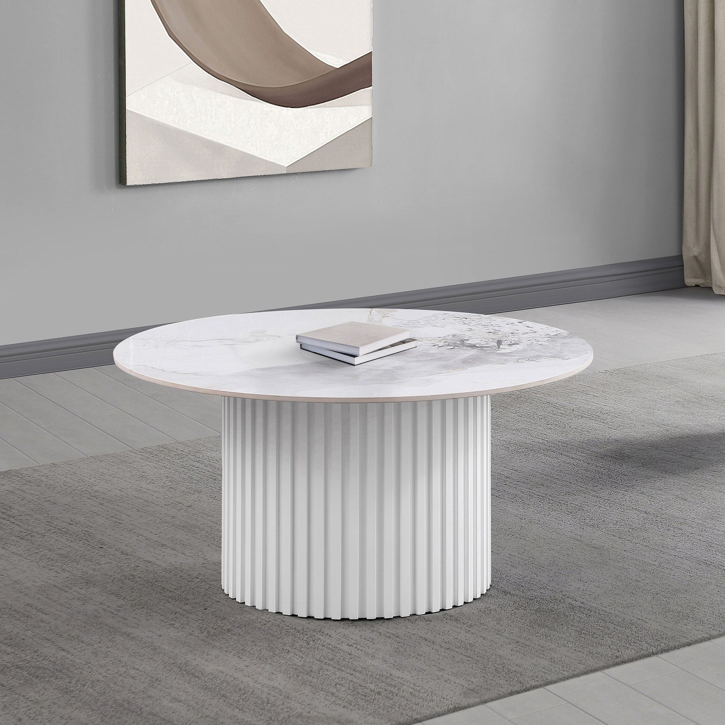 Rowena - Round Sintered Stone Coffee Table - White Faux Marble