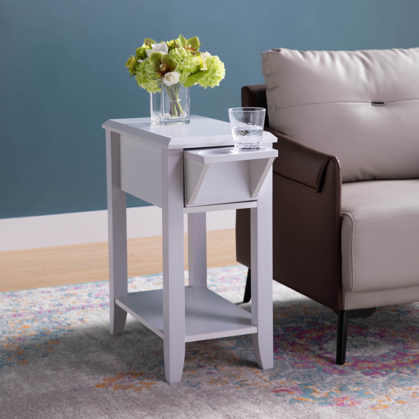 Modern Chairside Table With Two Cup Holders, Display Accent Table - White