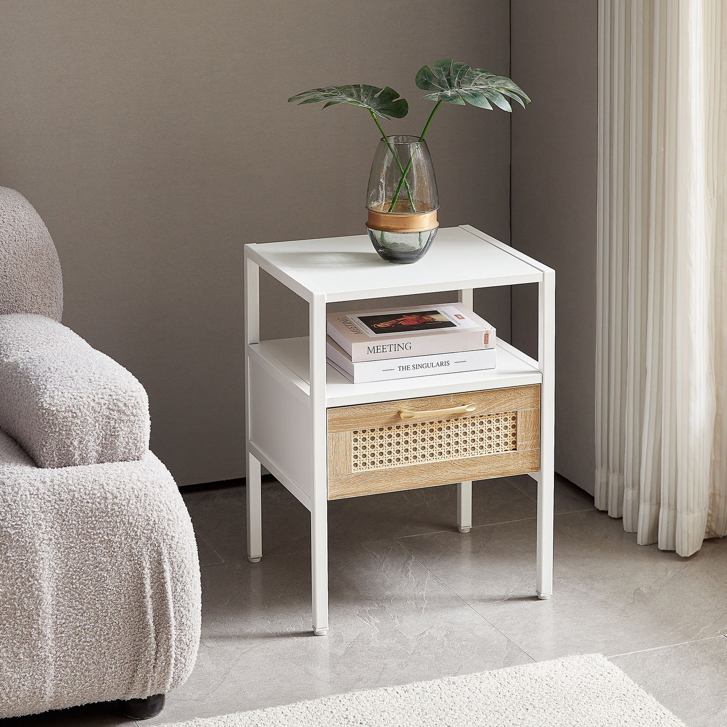 Rattan End Table With Drawer, Modern Nightstand, Metal Legs, Side Table For Living Room, Bedroom