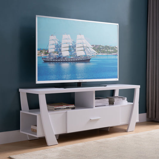 Contemporary TV Stand With Four Shelves And One Drawer - White