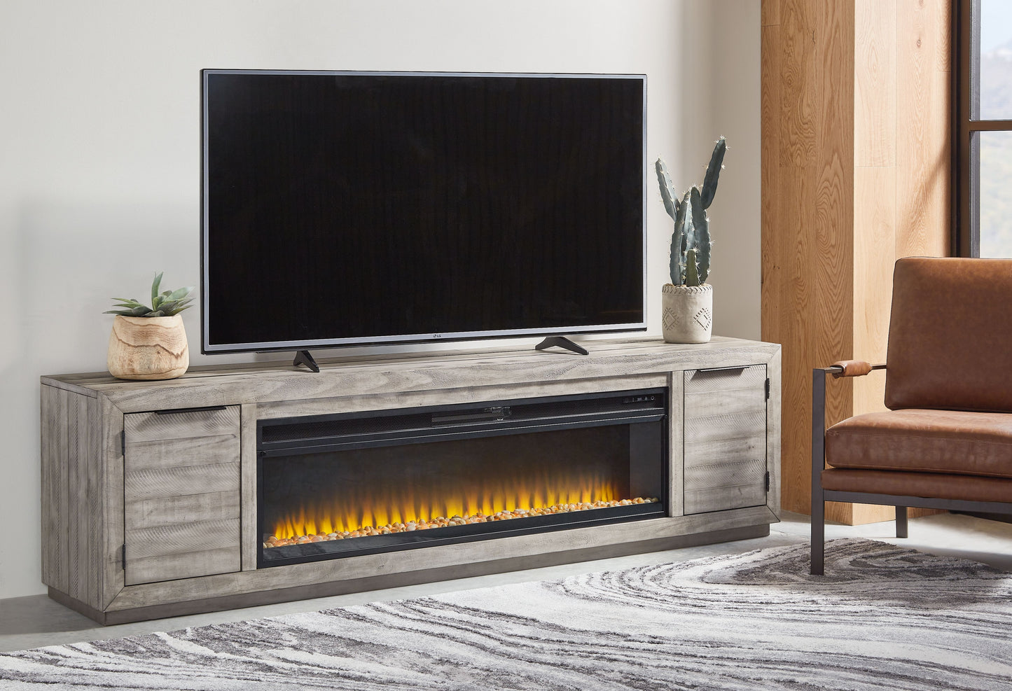 Naydell - Gray - 92" TV Stand with Wide Fireplace Insert