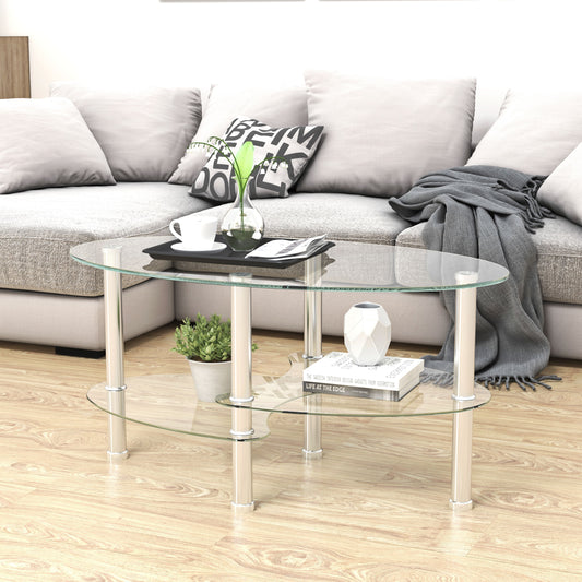 Transparent Oval Glass Coffee Table, Modern Table In Living Room Oak Wood Leg Tea Table 3-Layer Glass Table