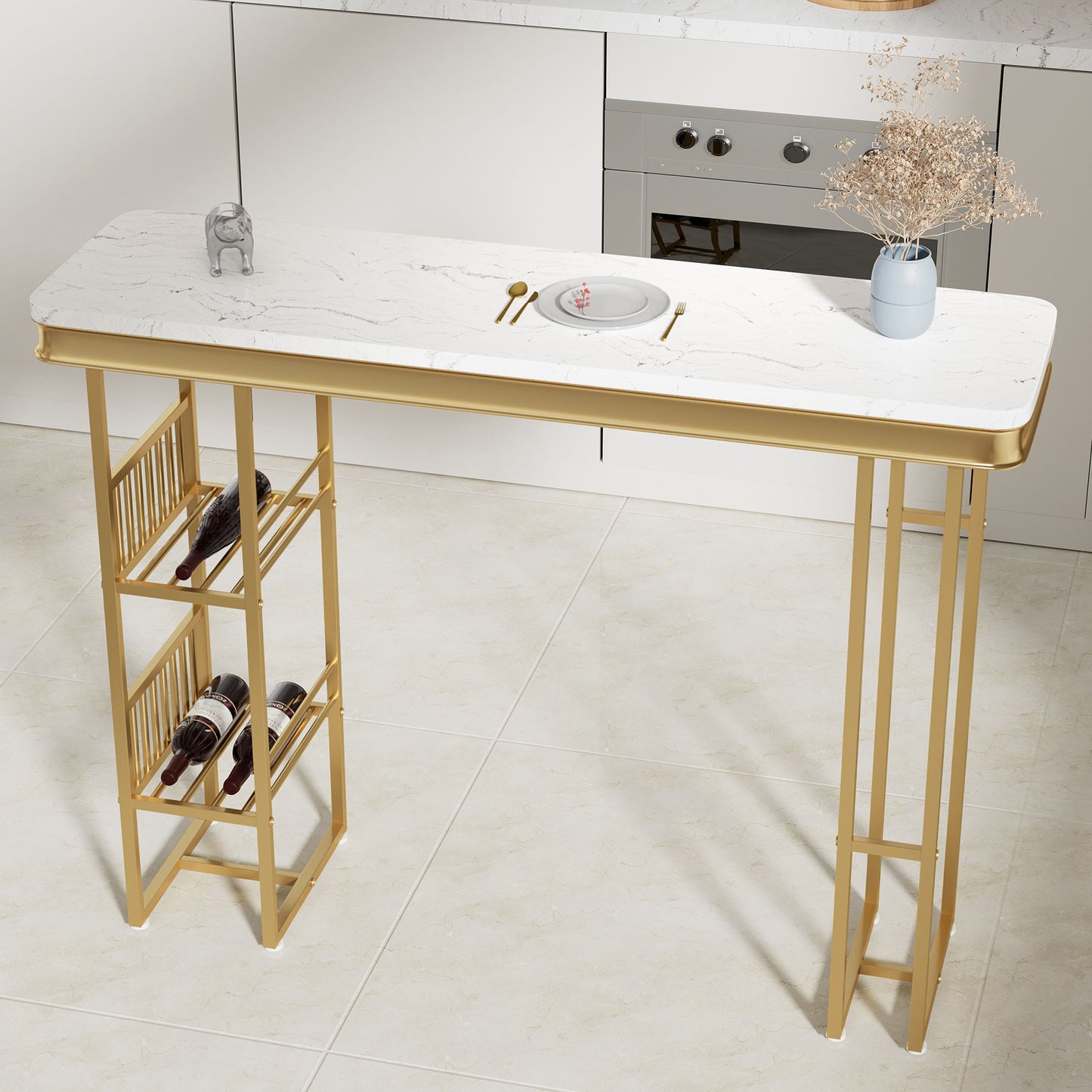 Modern Straight Bar Table With Shelves - White / Gold