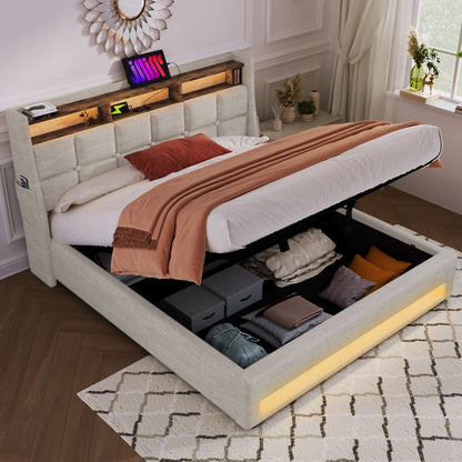 Upholstered Platform Bed With A Hydraulic Storage System, LED And USB Charging (Without Mattress)