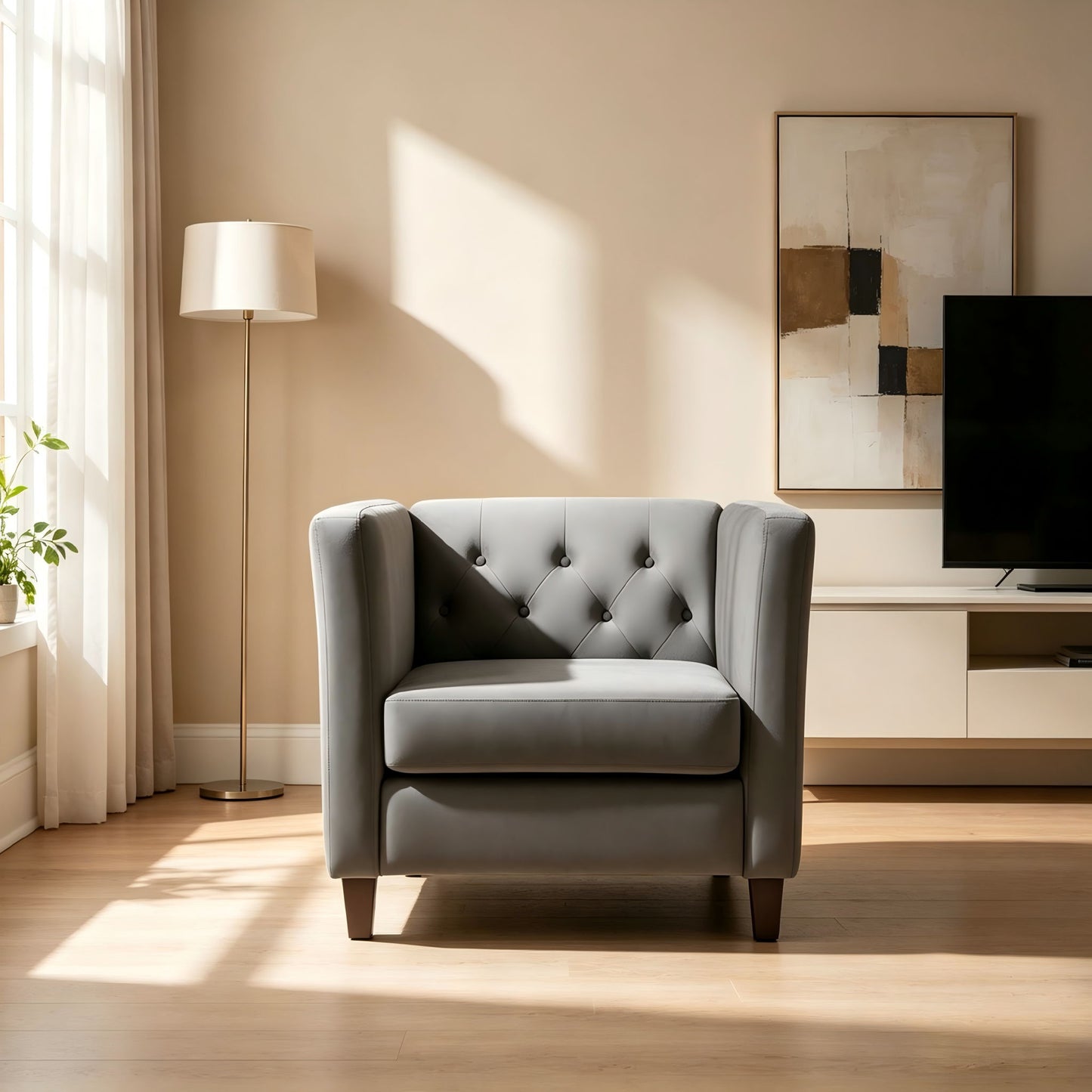 Button Tufted Accent Chair, Square Arms