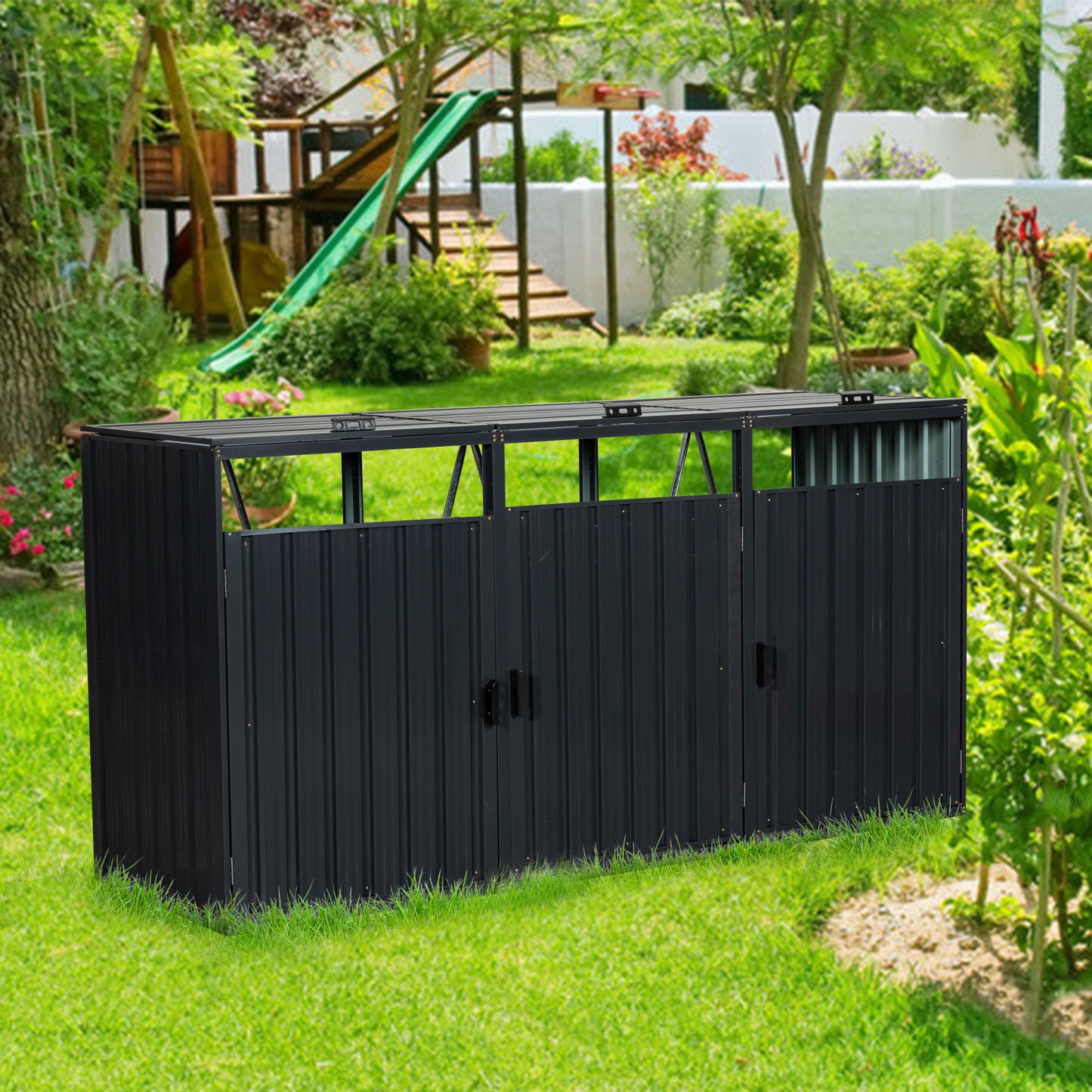 Garbage Bin Shed Stores 2 Trash Cans Metal Outdoor Bin Shed For Garbage Storage, Stainless Galvanized Steel, Bin Shed For Garden Yard Lawn