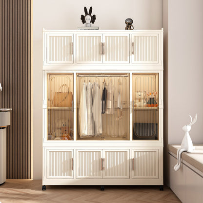 Portable Wardrobe Closet Storage Organizer With 12 Magnetic Doors, 12 Cubes, Hanging Rod & 6 Hangers - Creamy White