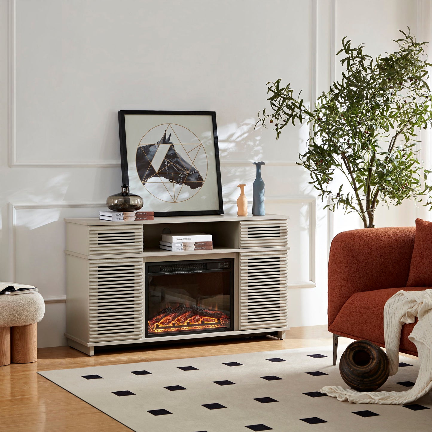 Modern Cabinet With Adjustable Shelves And Remote Controlled Fireplace
