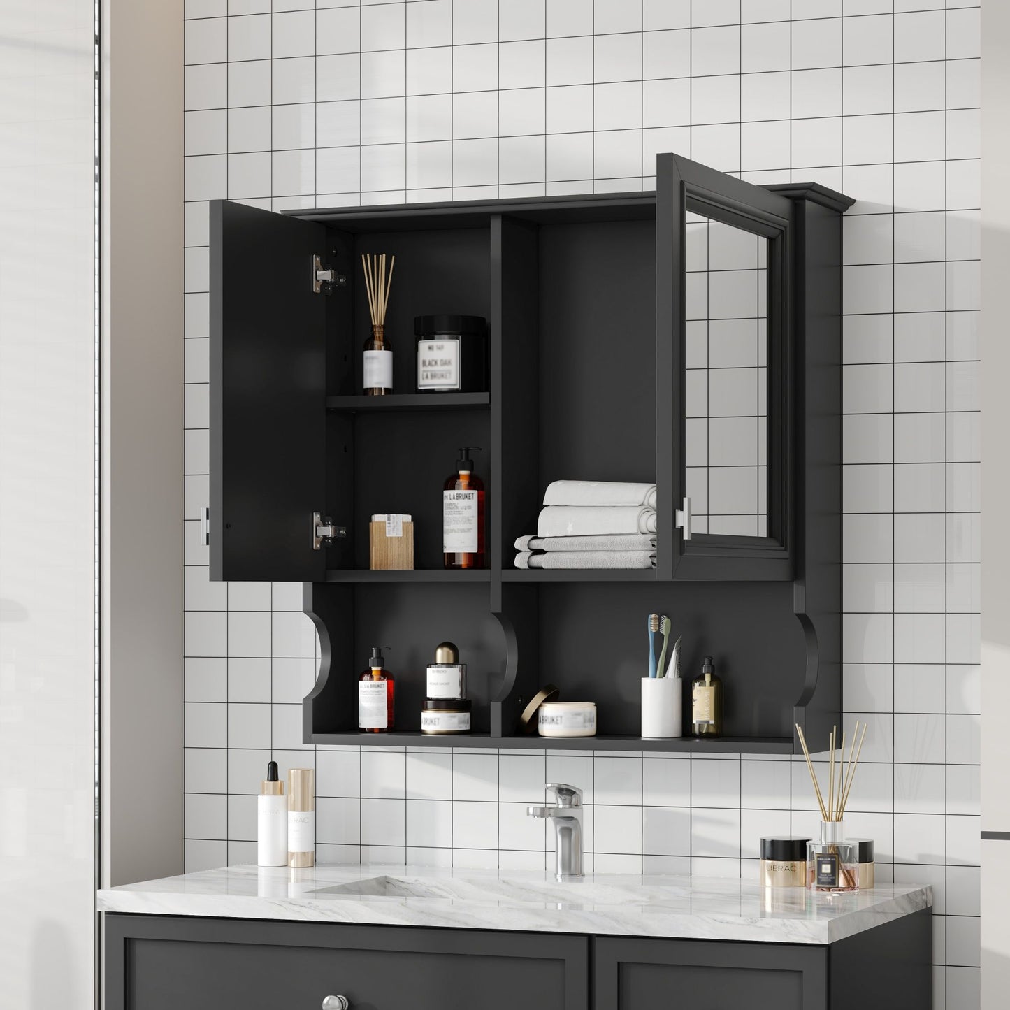 Wall Mounted Mirror Medicine Cabinet, Bathroom Storage With Doors And Open Shelves