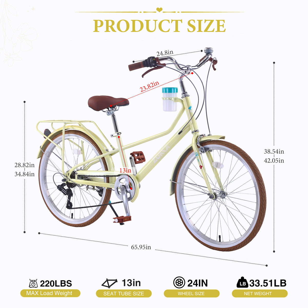 24" Cruiser Bike With 6 Speed Gear System, Rear Rack & Cup Holder