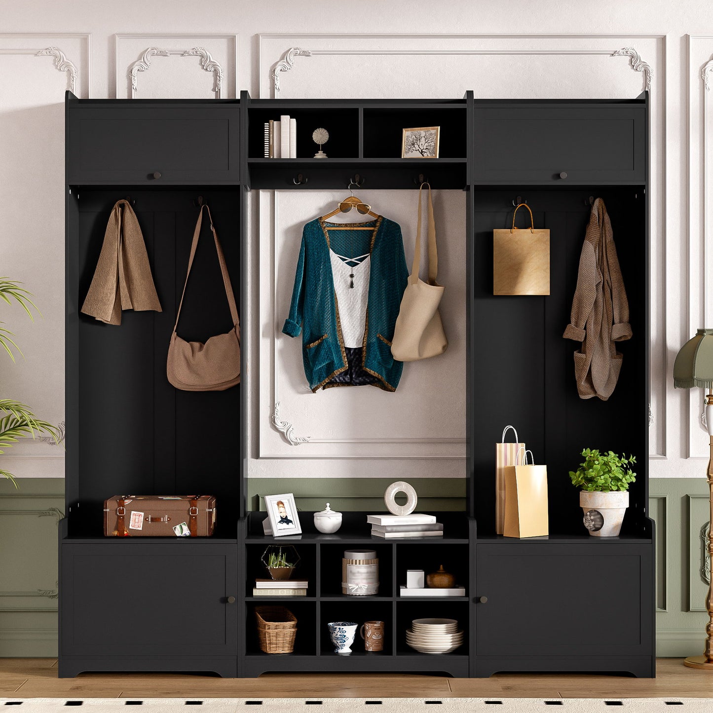 Wide Hall Tree With Shoe Storage, 4 In 1 Entryway Bench With 8 Cubbies, 7 Coat Hooks & Adjustable Shelf For Hallway - Black