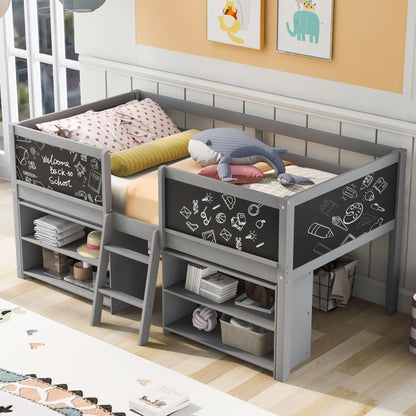 Low Loft Bed With Movable Shelves And Ladder, Decorative Chalkboard Guardrail