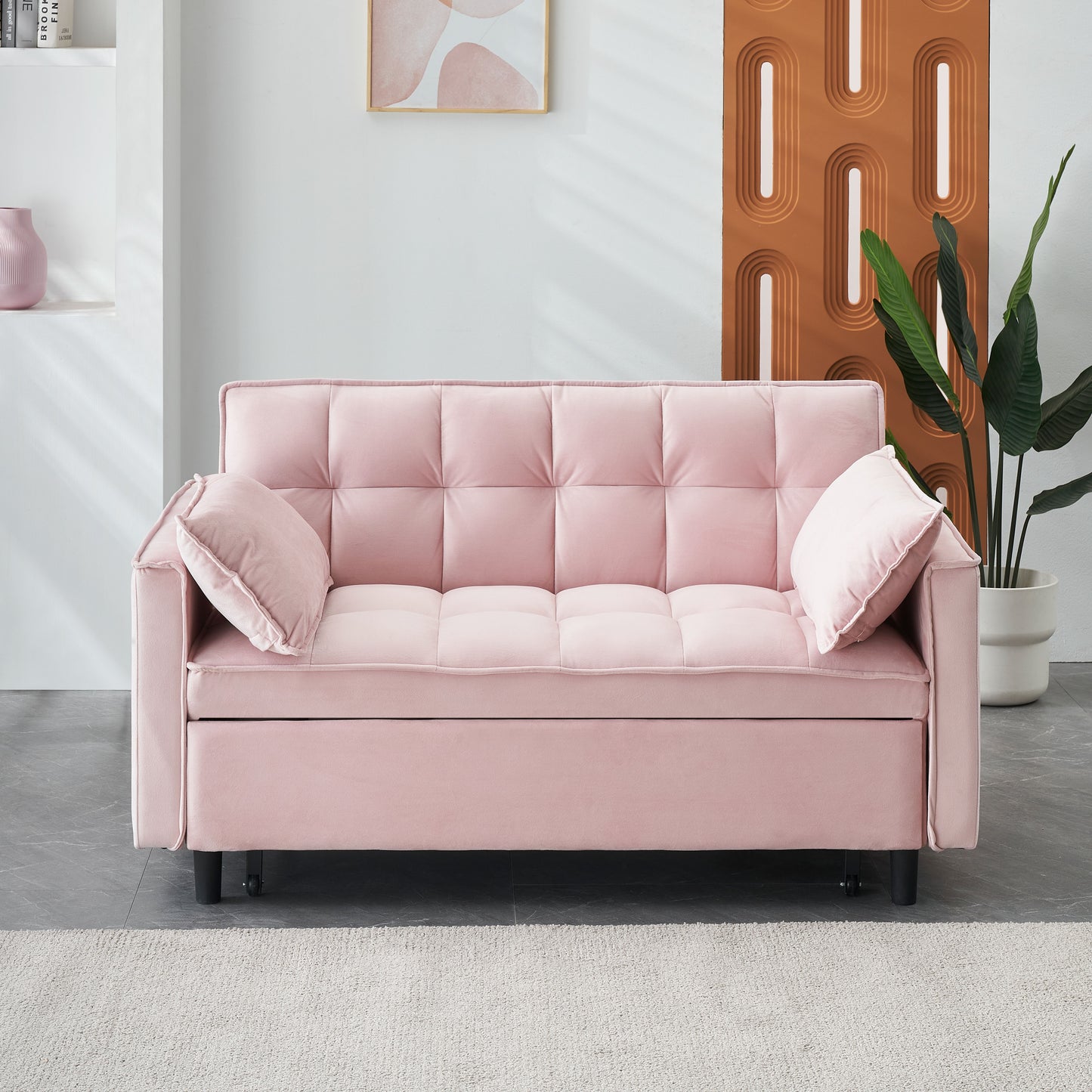 Modern Velvet Sofa, Sofa Pull-Out Bed, Small Love Seat Casual Sofa With Back, With Pillow, Pockets, Living Room Furniture, 3 In 1 Convertible Sleep Sofa Bed