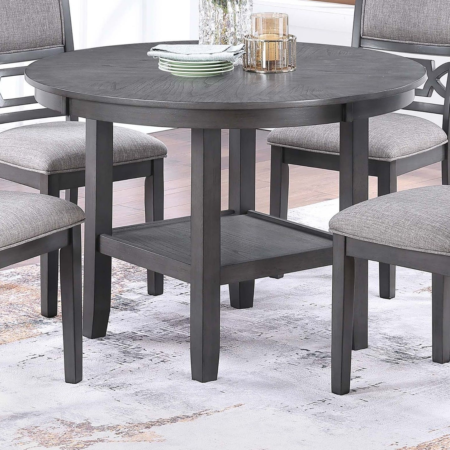 5 Piece Dining Set With Storage Shelves Round Table And Upholstered Side Chairs - Gray