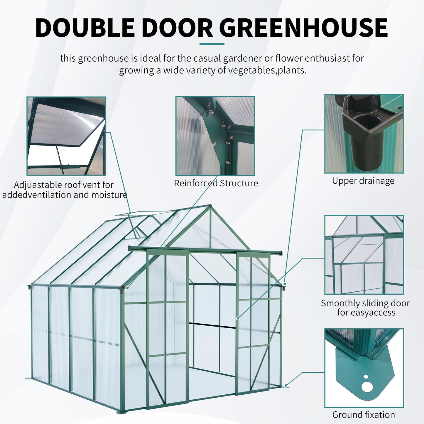 Double Door Polycarbonate Greenhouse Raised Base And Anchor Aluminum Heavy Duty Walk In Greenhouses For Outdoor Backyard In All Season