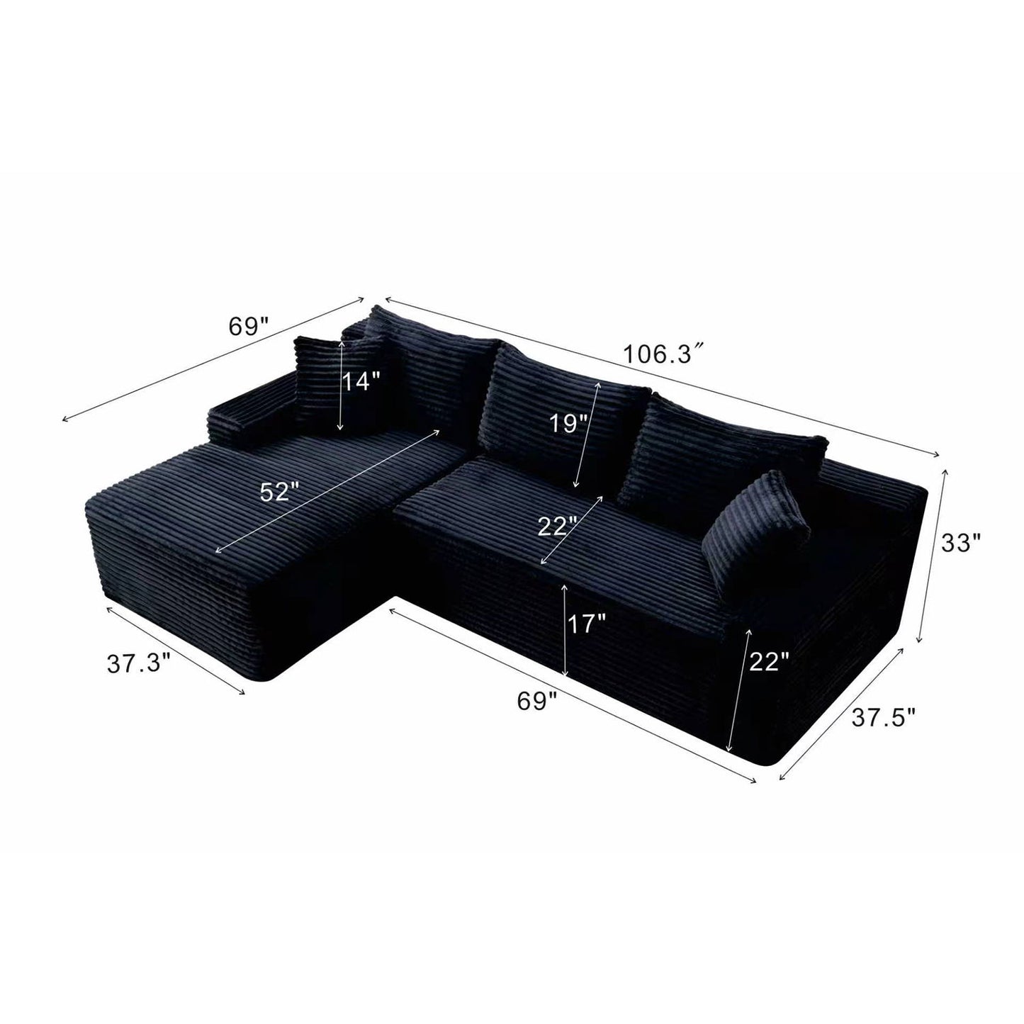 Cloud Modular Sectional Sofa Couch With L-Shape Chaise, Upholstered Couches For Living Room - Black
