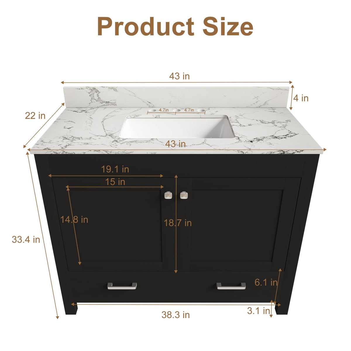 Bathroom Vanity Set, Soft Close Doors, 3 Faucet Holes, Sink Included - Black