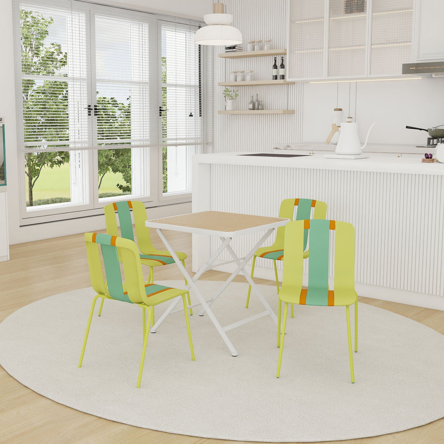 4 Piece Set Of Modern Striped Single Chairs With Folding Square Table