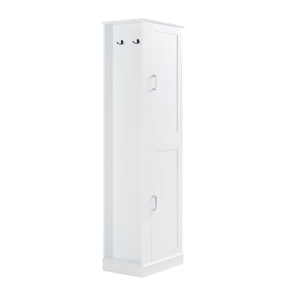 Tall Freestanding Bathroom Storage Cabinet With Adjustable Shelves And Side Hooks
