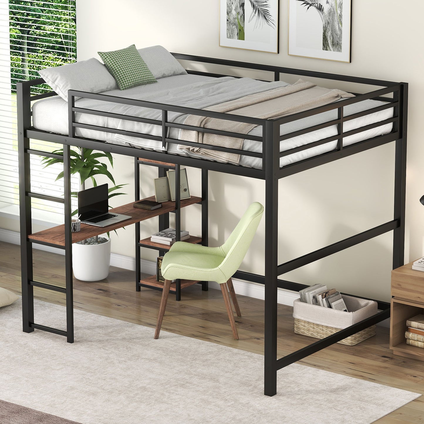 Loft Bed With Built In Desk And Storage Shelves, Full Size - Black