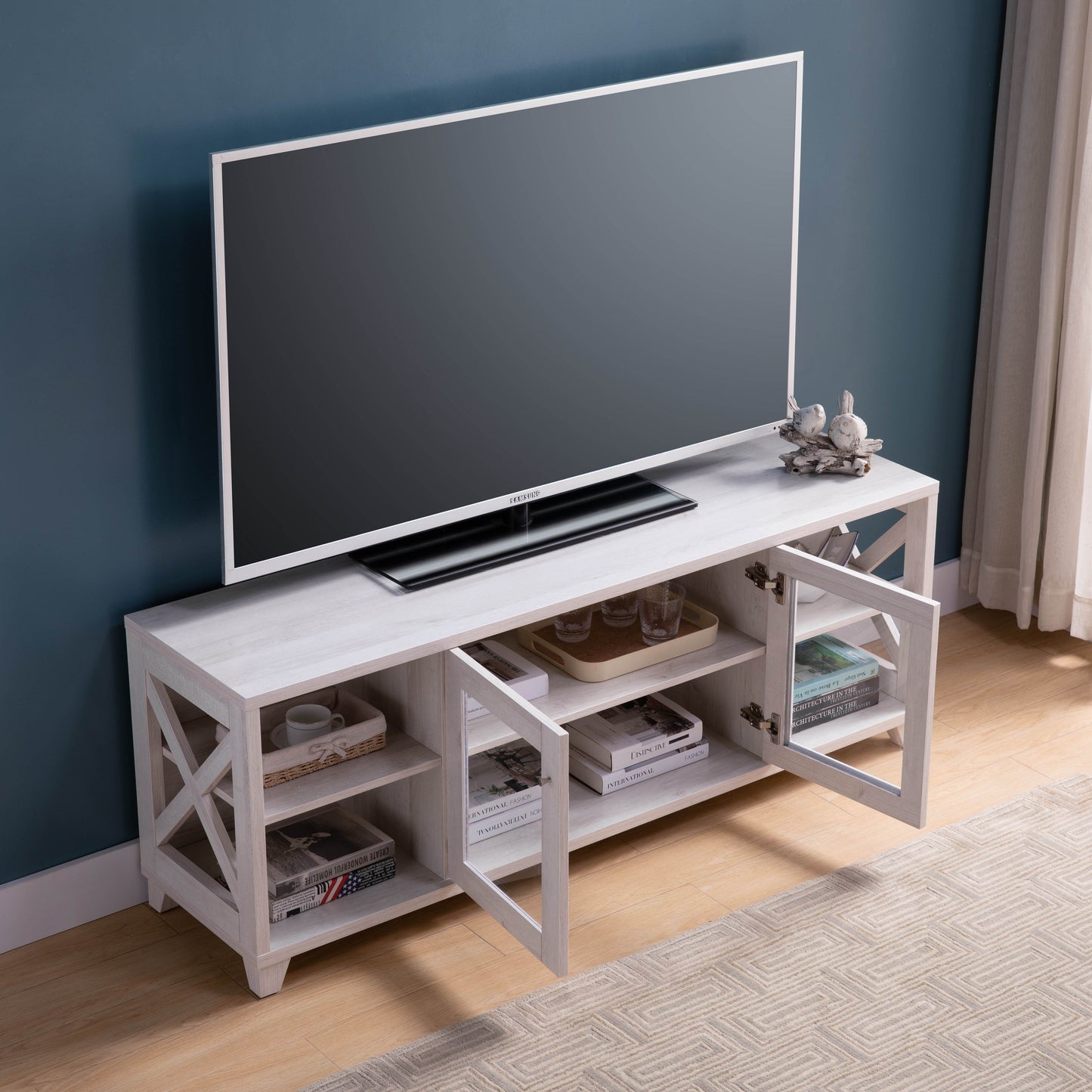 TV Stand With Four Side Shelves And Center Transparent Cabinet Craftsman Style Entertainment Center - White Oak