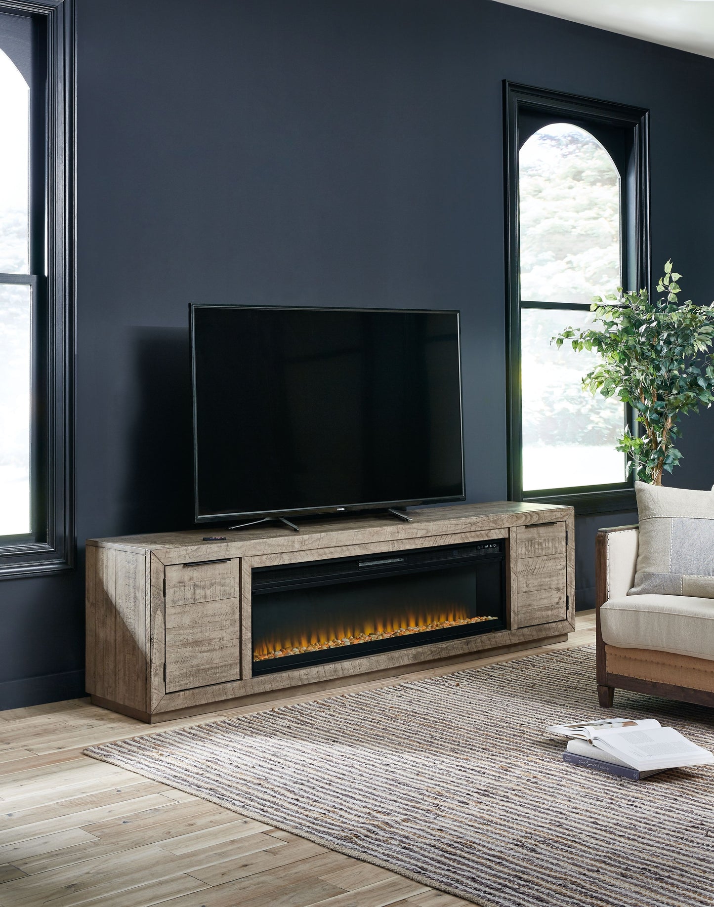 Krystanza - Weathered Gray - TV Stand with Wide Fireplace Insert