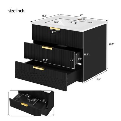 Wall Mounted Floating Cabinet With Double Drawer, Rectangular Sink