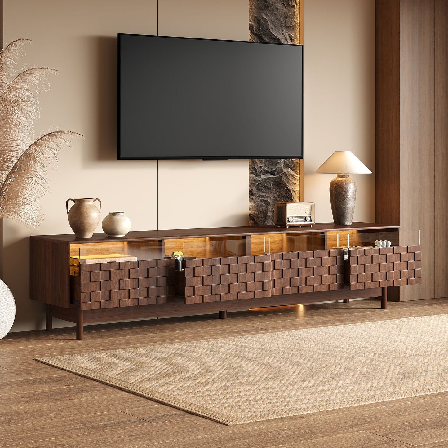 TV Stand With LED Lights And Glass Drawers For Living Room - Walnut