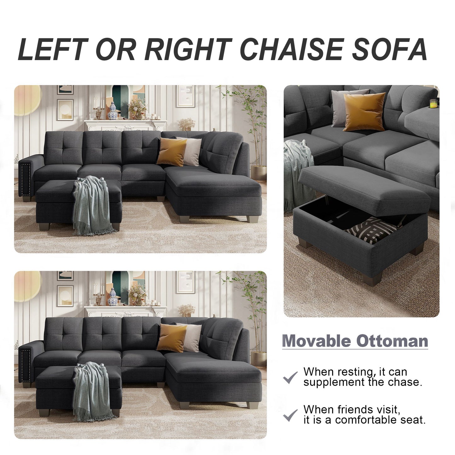 Reversible Sectional Sofa Space Saving With Storage Ottoman Rivet Ornament L-Shape Couch For Large Space Dorm Apartment