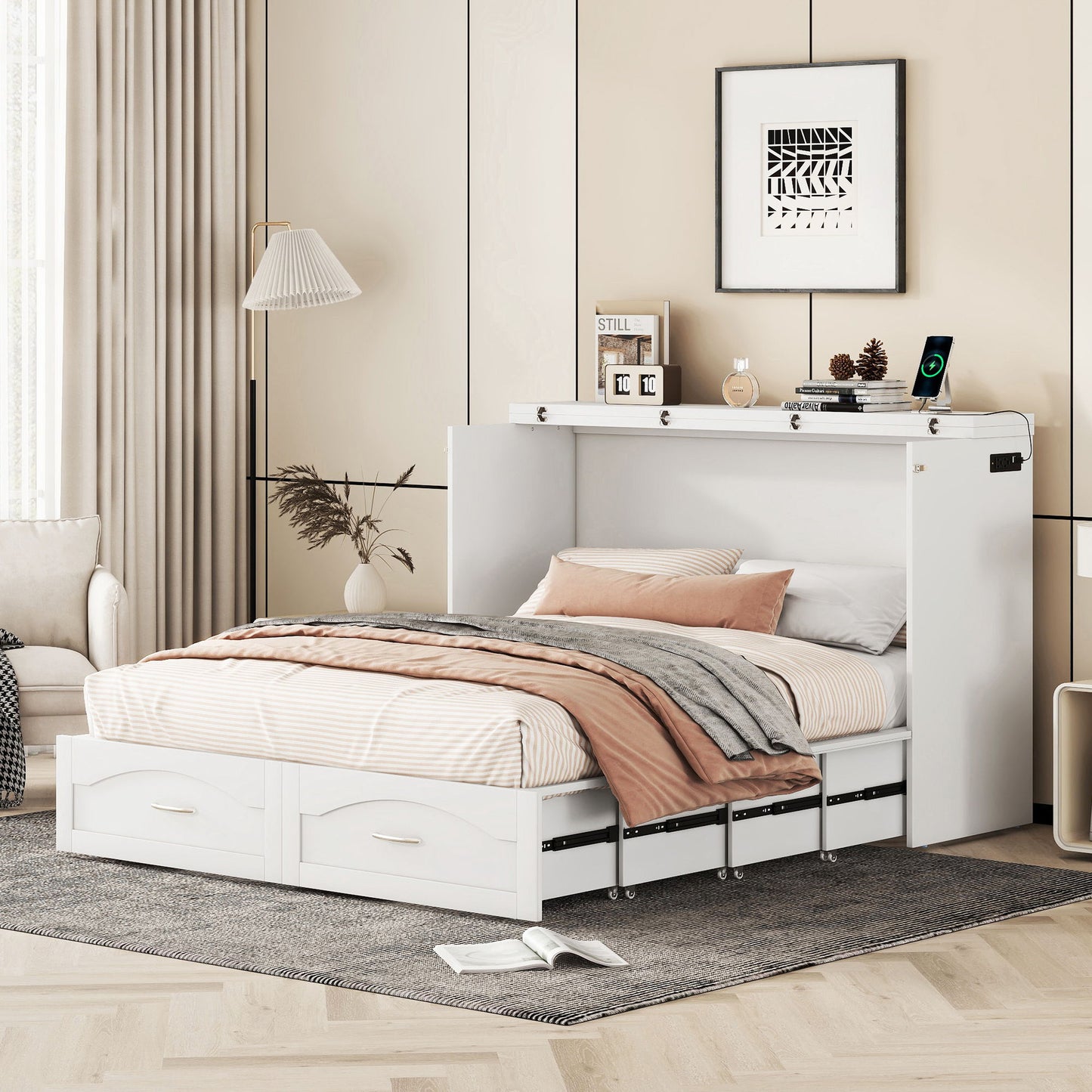 Murphy Bed With Drawer And A Set Of Sockets & USB Ports, Pulley Structure Design