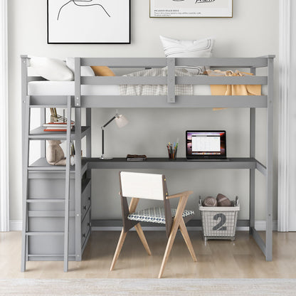 Modern Loft Bed With Built In Desk, Shelves, And 2 Drawers