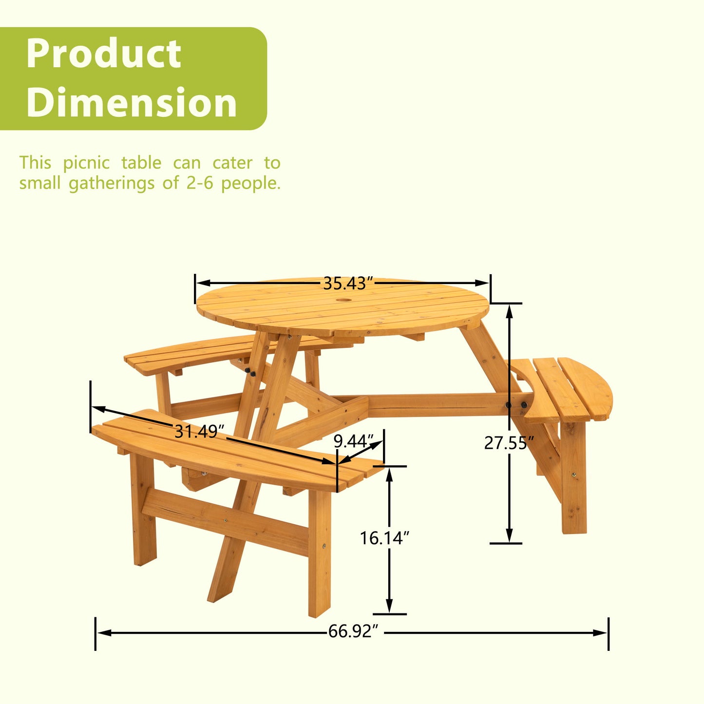 6 Person Circular Outdoor Wooden Picnic Table For Patio, Backyard, Garden, Diy With 3 Built-In Benches, 1720Lb Capacity