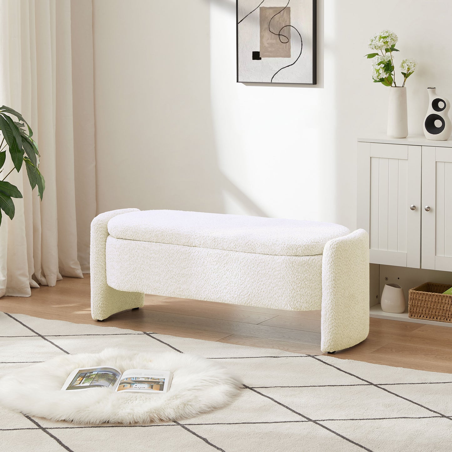 Ottoman Oval Storage Bench, 3D Lamb Fleece Bench With Large Storage Space For The Living Room, Entryway And Bedroom