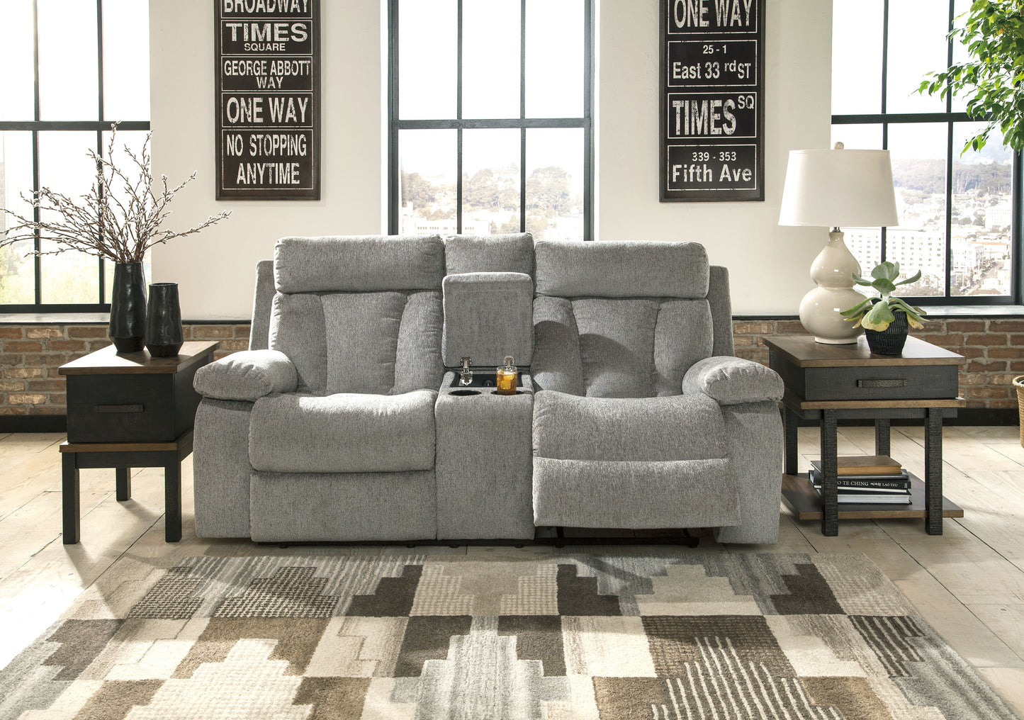 Mitchiner - Fog - DBL Rec Loveseat w/Console