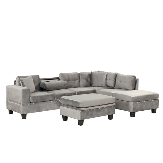 Modern Sectional Sofa With Storage Ottoman, L-Shape Couch With 2 Pillows And Cup Holder, Sectional Sofa With Reversible Chaise For Living Room