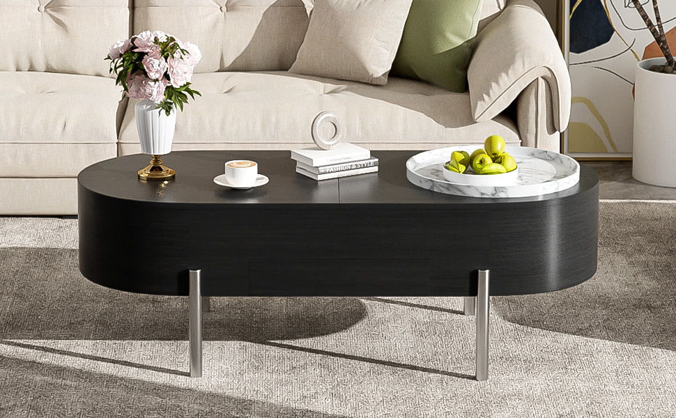 Lift Top Coffee Table With 360 Degree Marble Patterned Rotating Tray
