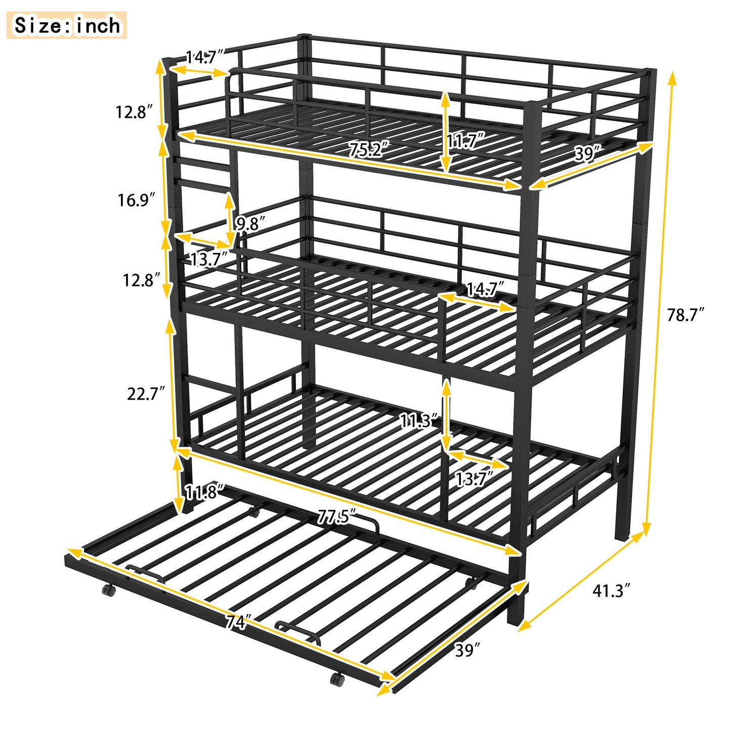 Triple Bunk Bed With Trundle, Heavy Duty Steel Construction