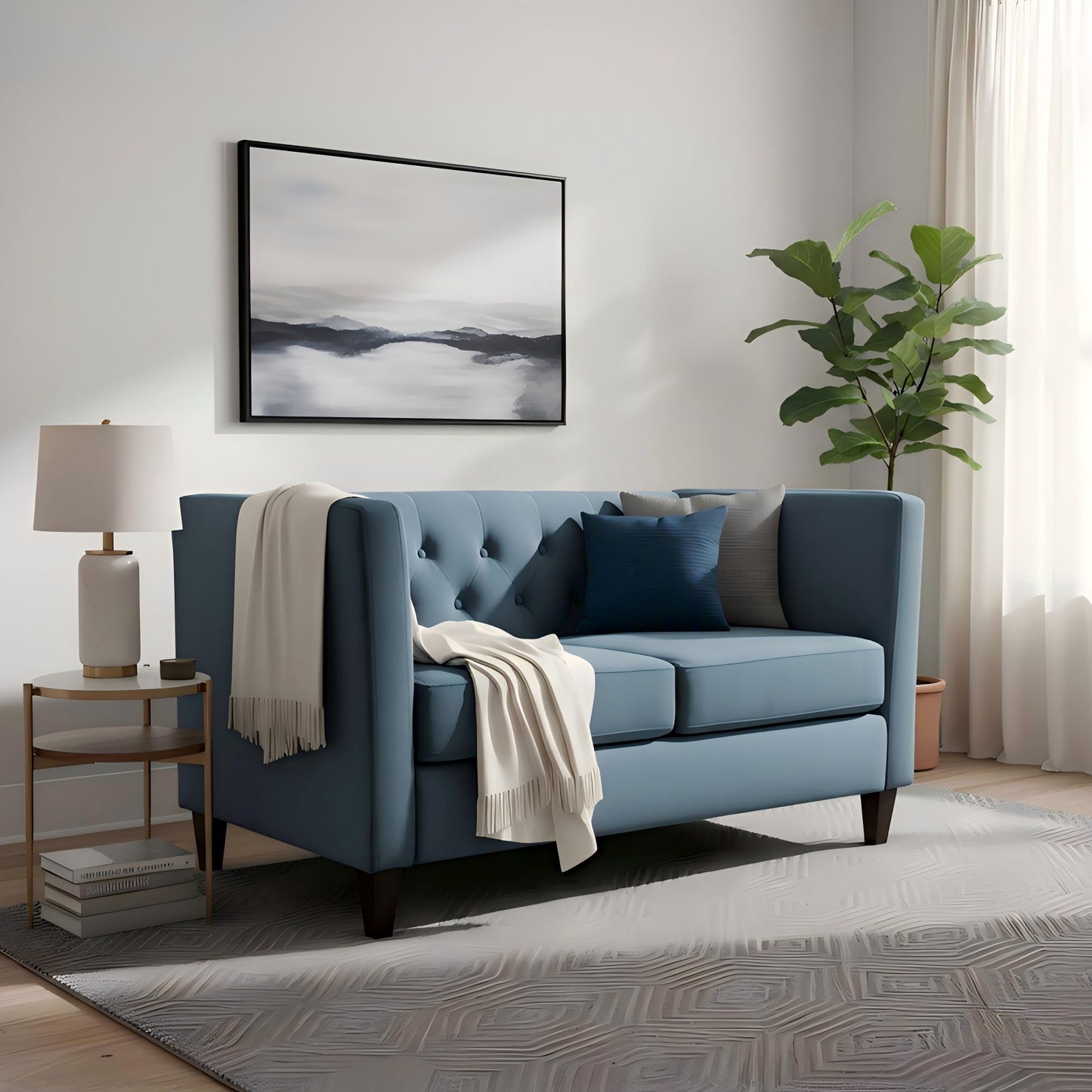 Button Tufted Loveseat, Upholstered 2 Seater With Square Arm For Living Room - Navy Blue